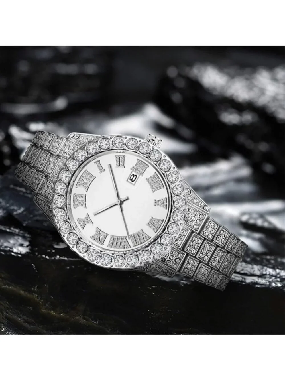 Men's All Silver Analog Crystal Rhinestone Diamond Iced-Out Bracelet Wrist Watch